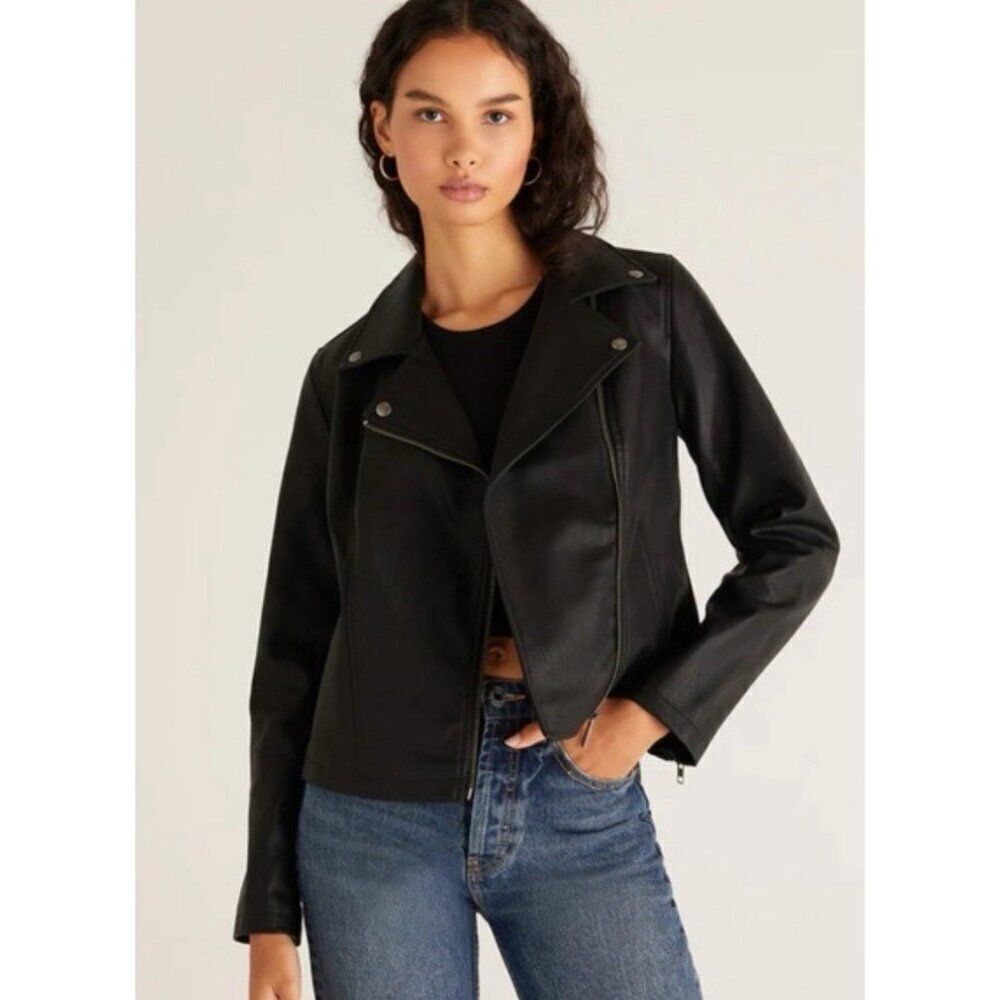 Z SUPPLY trina moto jacket Solid Black Faux Vegan Leather Long Sleeve Xs